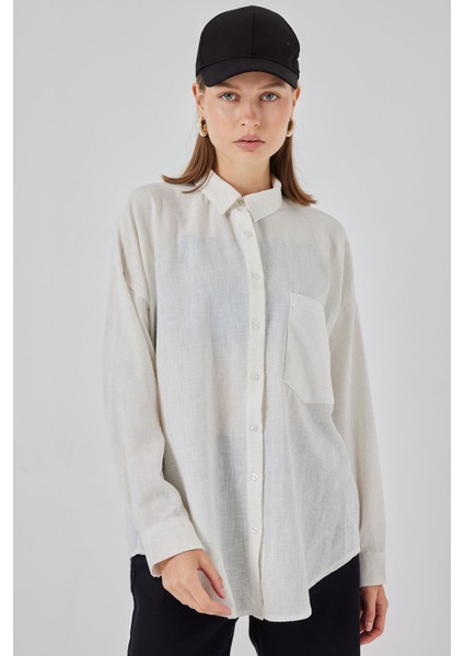 20153 Tek Cepli Oversize Keten Gömlek - Ekru fiyatları