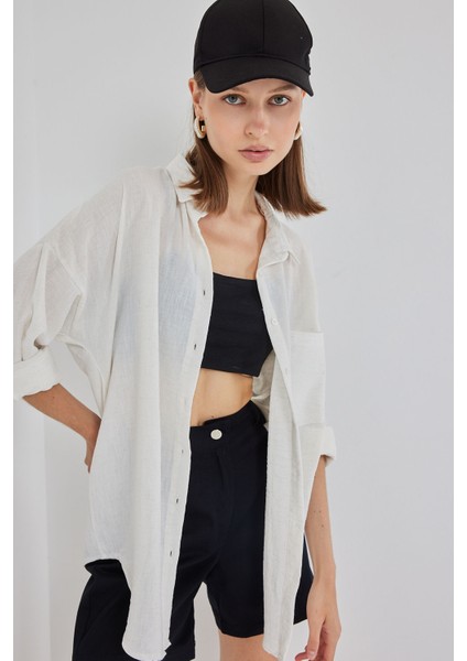 20153 Tek Cepli Oversize Keten Gömlek - Ekru modelleri