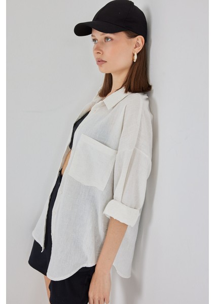 20153 Tek Cepli Oversize Keten Gömlek - Ekru fırsatları