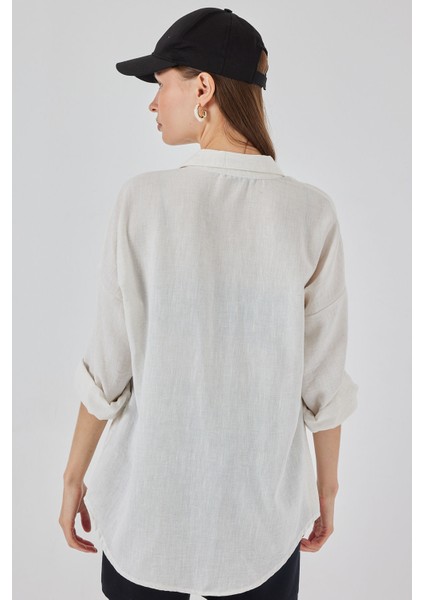 20153 Tek Cepli Oversize Keten Gömlek - Ekru indirimleri