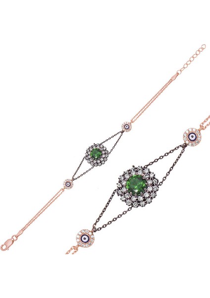 925 Ayar Gümüş Rose Yeşil Taşlı Otantik Bileklik BR0460467 (770770) fiyatları