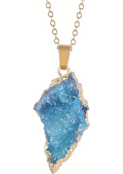 Bohem Tarzı Doğal Akik Geode Kolye, Altın Kenarlı Renkli Küme Doğal Taş Kolye