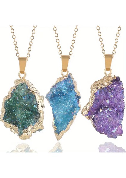 Bohem Tarzı Doğal Akik Geode Kolye, Altın Kenarlı Renkli Küme Doğal Taş Kolye fırsatları