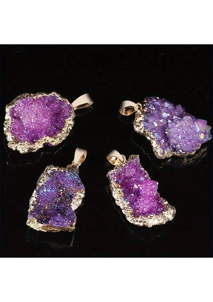 Bohem Tarzı Doğal Akik Geode Kolye, Altın Kenarlı Renkli Küme Doğal Taş Kolye indirimleri