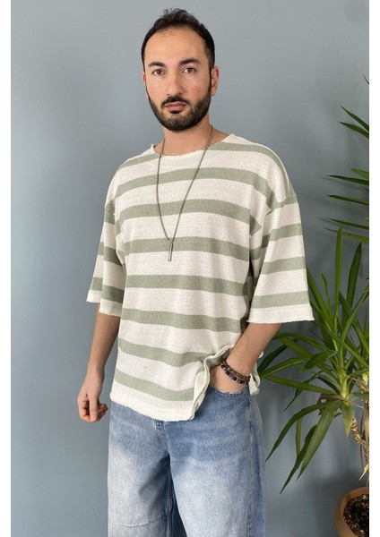 Oversize Bisiklet Yaka Örgü Mint Yeşili Salaş Tişört