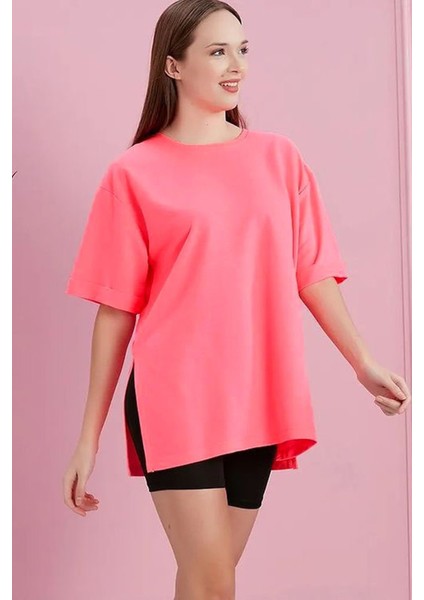 Yırtmaçlı Duble Kol Geniş Bisiklet Yaka Oversize Sweatshirt