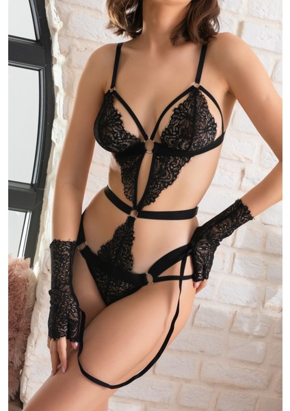 Siyah Dantel Jartiyer Fantezi Iç Giyim Takımı Eldivenli, Seksi 3'lü Set, Kadın Seksi Iç Çamaşırı