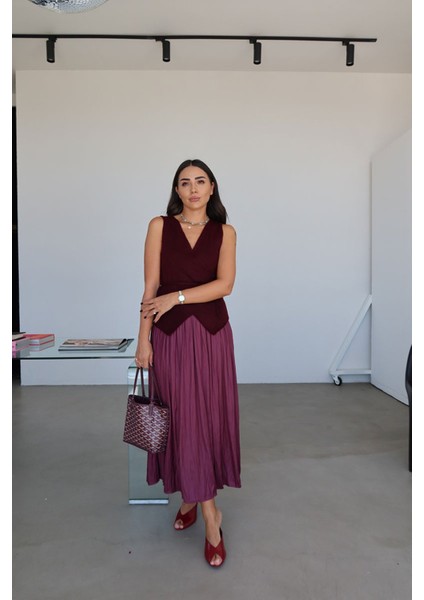 Beli Lastikli Kendinden Kırışık Etek