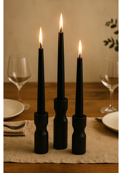 3’lü El Boyaması Siyah Ahşap Şamdan Seti – Siyah Mumlar Dahildir modelleri