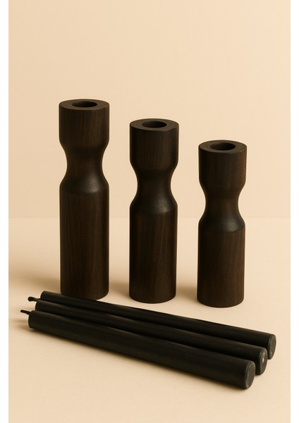 3’lü El Boyaması Siyah Ahşap Şamdan Seti – Siyah Mumlar Dahildir fırsatları