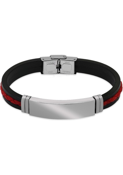 Silikon Kordonlu Gümüş Renk Çelik Plakalı Kırmızı Ip Detaylı Isme Özel Harf Yazılı Erkek Bileklik fiyatları