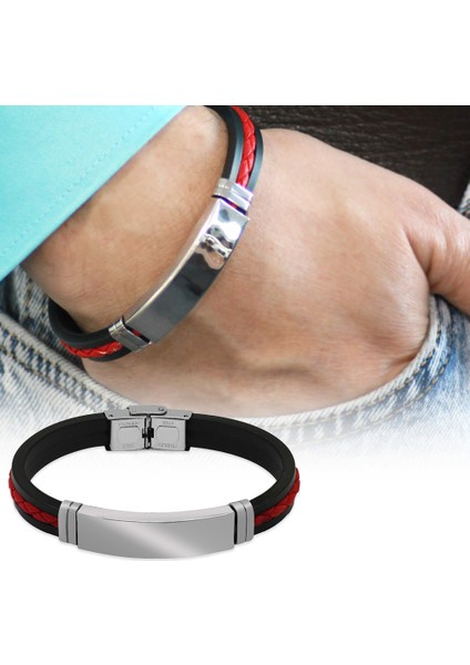 Silikon Kordonlu Gümüş Renk Çelik Plakalı Kırmızı Ip Detaylı Isme Özel Harf Yazılı Erkek Bileklik modelleri