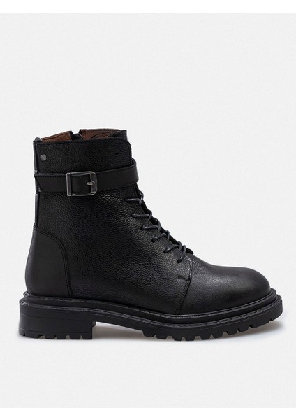 Siyah Hakiki Deri Kuşgözü Baskılı Bağcıklı Fermuarlı Kadın Bot