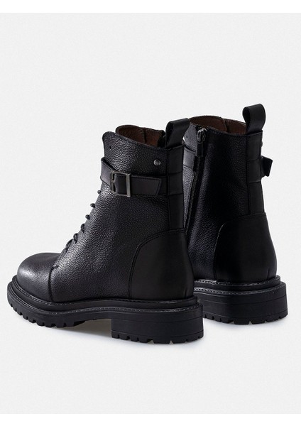 Siyah Hakiki Deri Kuşgözü Baskılı Bağcıklı Fermuarlı Kadın Bot modelleri