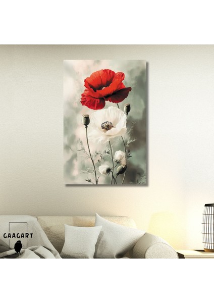 Tekli Dikey Kanvas Tablo Beyaz ve Kırmızı Gelincik Çiçeği