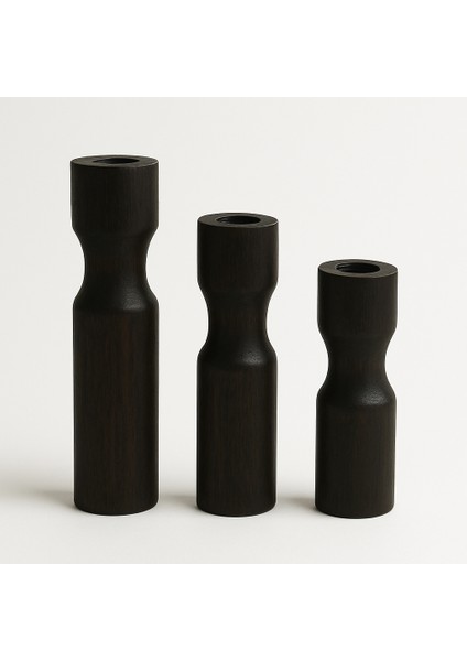 3’lü El Boyaması Siyah Ahşap Şamdan Seti – Siyah Mumlar Dahildir