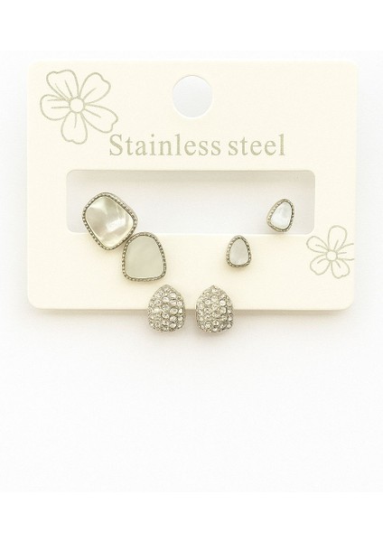 Sedefli ve Zirkon Taşlı Çoklu Küpe Çelik Gümüş Renk