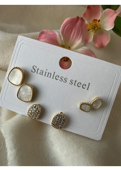 Sedefli ve Zirkon Taşlı Çoklu Küpe Çelik Gümüş Renk fiyatları