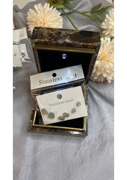 Sedefli ve Zirkon Taşlı Çoklu Küpe Çelik Gümüş Renk modelleri