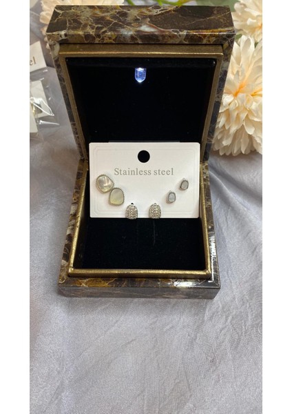 Sedefli ve Zirkon Taşlı Çoklu Küpe Çelik Gümüş Renk fırsatları