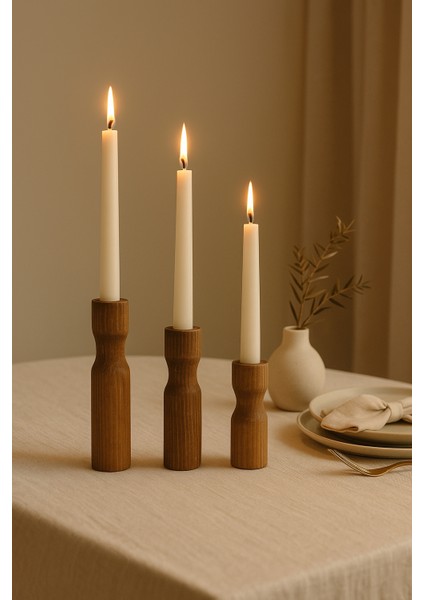 3’lü Doğal Ahşap Şamdan Seti – Mumlar Dahildir