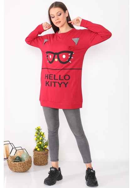 Karakter Baskılı Salaş Tasarım Pudra Uzun Kadın Sweatshirt