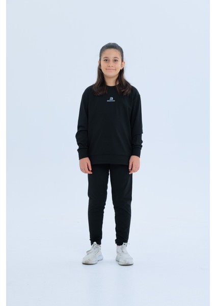Kız Çocuk Şerit Detaylı Salaş Sweat ve Tayt Spor Takım