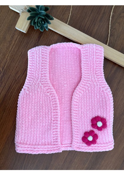 Örme Çiçekli El Örgüsü Kadife Bebek Yelek