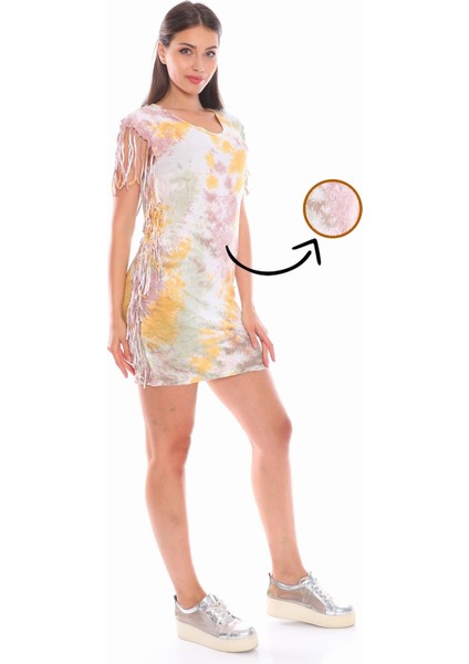 Pembe Yağlı Boya Desenli Sırt Dekolteli Tunik