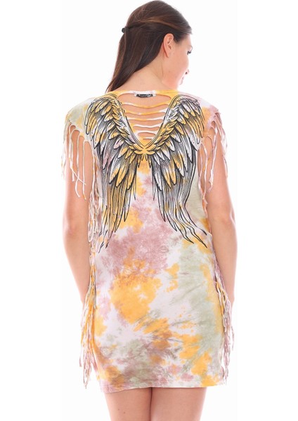 Pembe Yağlı Boya Desenli Sırt Dekolteli Tunik modelleri