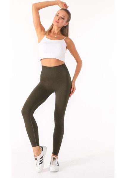 Toparlayıcı Triko Tayt Bir Beden Ince Gösteren Yüksek Bel