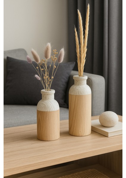 2’li Beyaz El Boyaması Ahşap Vazo Seti – Kuru Çiçekler Dahildir