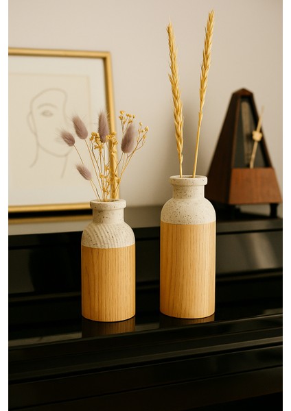 2’li Beyaz El Boyaması Ahşap Vazo Seti – Kuru Çiçekler Dahildir fiyatları