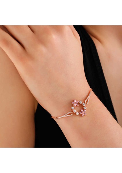 925 Ayar Gümüş Rose Pembe Çiçek Kadın Bileklik T7991 (770770)