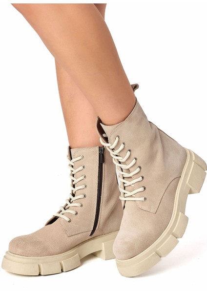 Bej Fermuarlı Bağcıklı Hakiki Süet Deri Kadın Bot