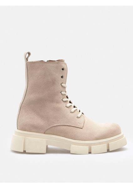 Bej Fermuarlı Bağcıklı Hakiki Süet Deri Kadın Bot fiyatları