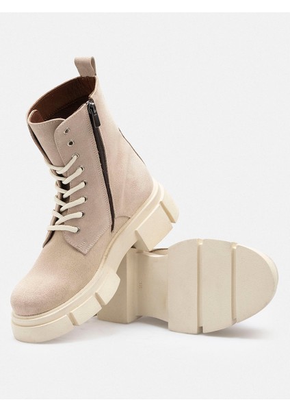 Bej Fermuarlı Bağcıklı Hakiki Süet Deri Kadın Bot modelleri