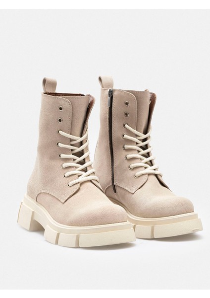 Bej Fermuarlı Bağcıklı Hakiki Süet Deri Kadın Bot fırsatları