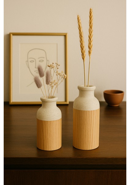 2’li Beyaz El Boyaması Ahşap Vazo Seti – Kuru Çiçekler Dahildir modelleri