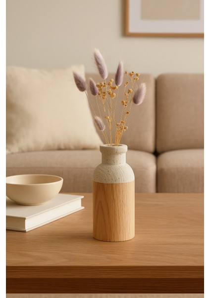 2’li Beyaz El Boyaması Ahşap Vazo Seti – Kuru Çiçekler Dahildir