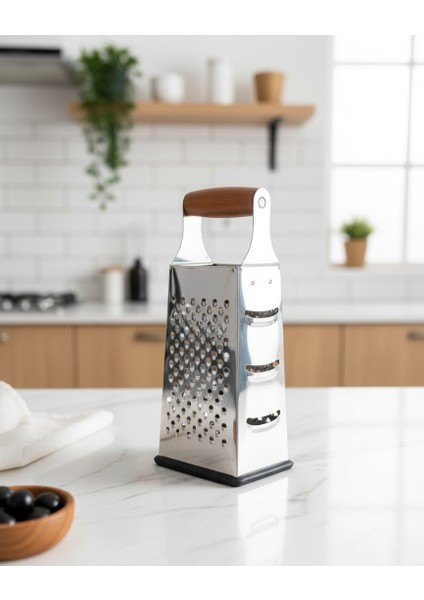 Ahşap Saplı 4 Yönlü Metal Rende – Kaymaz Tabanlı, Çok Fonksiyonlu Mutfak Rende