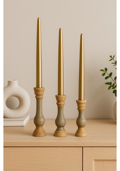 3’lü El Boyaması Doğal Ahşap Şamdan Mumluk Seti – Mumlar Dahildir