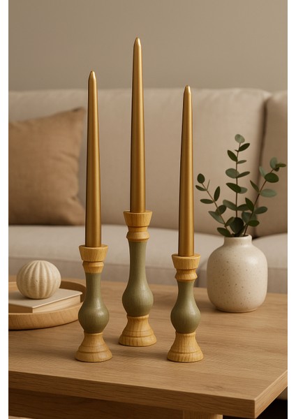 3’lü El Boyaması Doğal Ahşap Şamdan Mumluk Seti – Mumlar Dahildir fiyatları