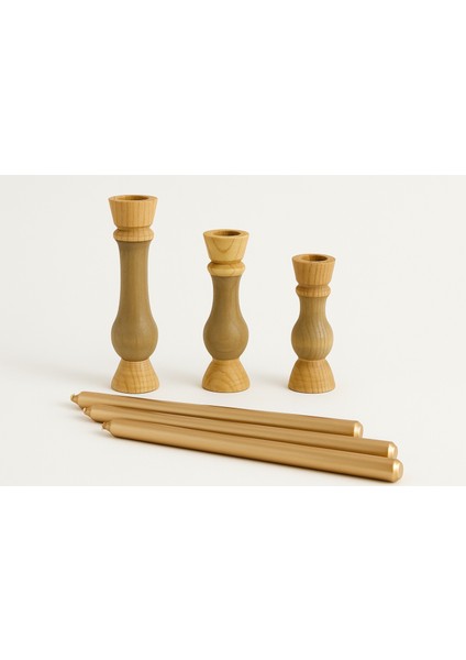 3’lü El Boyaması Doğal Ahşap Şamdan Mumluk Seti – Mumlar Dahildir fırsatları