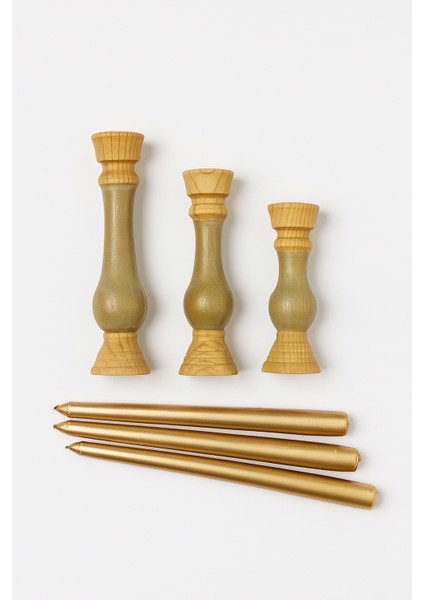 3’lü El Boyaması Doğal Ahşap Şamdan Mumluk Seti – Mumlar Dahildir indirimleri