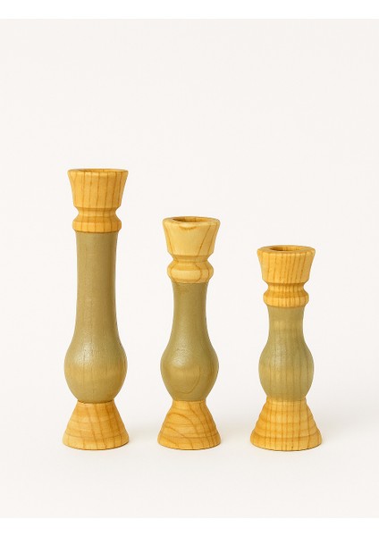 3’lü El Boyaması Doğal Ahşap Şamdan Mumluk Seti – Mumlar Dahildir