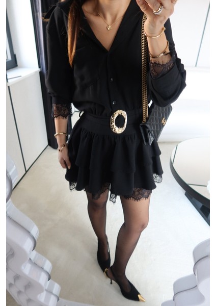 Kolları ve Etek Ucu Dantel Detaylı Kemeri Tokalı Elbise modelleri