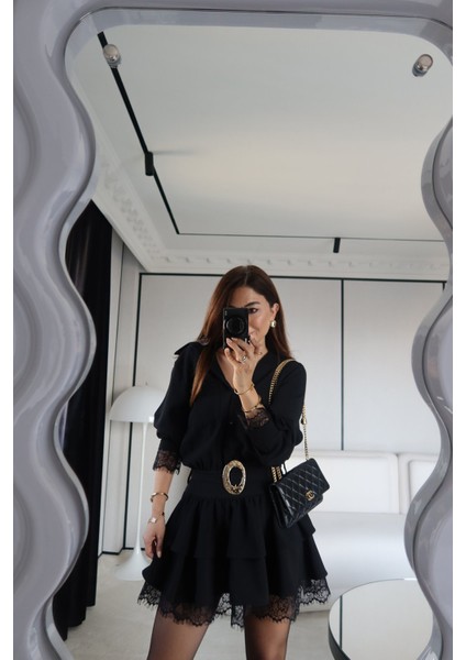 Kolları ve Etek Ucu Dantel Detaylı Kemeri Tokalı Elbise indirimleri