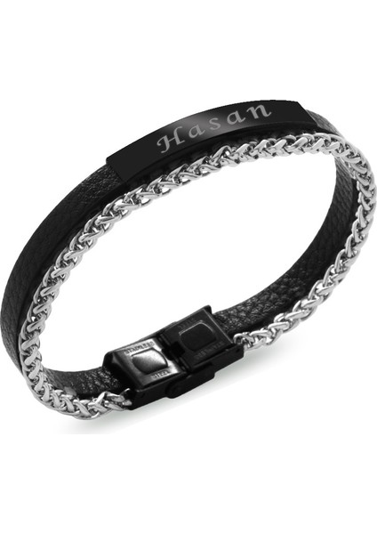 Spiga Çelik Zincir ve Siyah Deri Bileşim Isme Özel Yazılı Erkek Bileklik