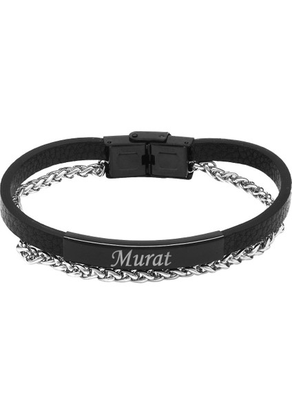Spiga Çelik Zincir ve Siyah Deri Bileşim Isme Özel Yazılı Erkek Bileklik indirimleri
